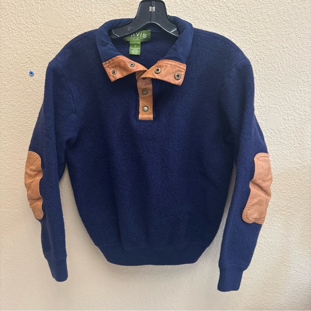 Orvis Wool Sweater 1/4 Snap Button Leather Elbow Patch Pullover Blue Medium kid